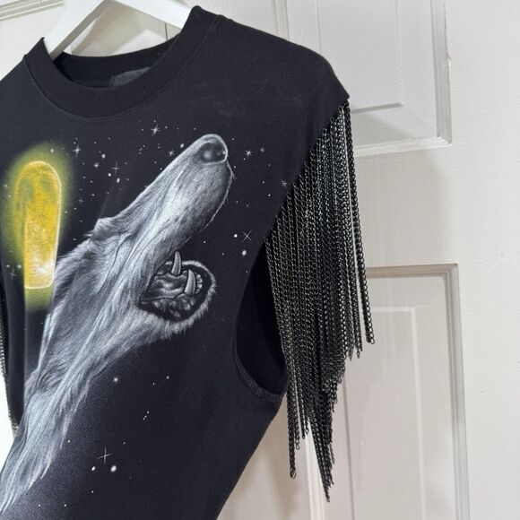Double Side Wolf Print Black Shirt Fringe Chain Sleeves By Avion En Papier RARE - Picture 4 of 12